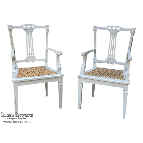Pair 19th Century Swedish Louis XVI Painted & Caned Armchairs
