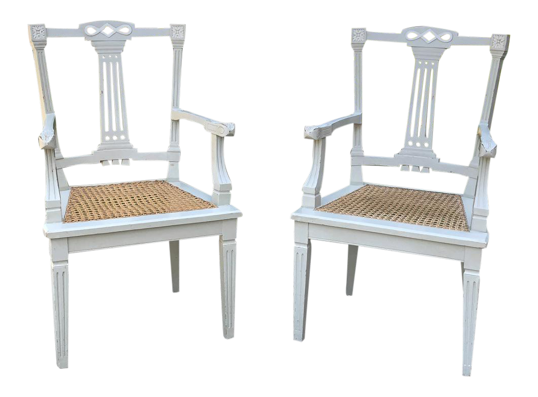 Pair of Louis XVI Style Painted Armchairs & Two Matching Cane