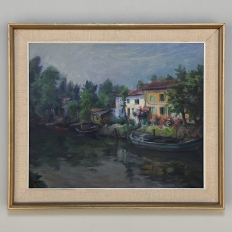 Mid-Century Framed Oil on Canvas Canal Scene, Signed by the Artist