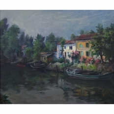 Mid-Century Framed Oil on Canvas Canal Scene, Signed by the Artist