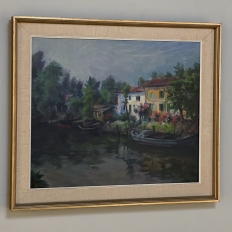 Mid-Century Framed Oil on Canvas Canal Scene, Signed by the Artist