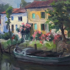 Mid-Century Framed Oil on Canvas Canal Scene, Signed by the Artist