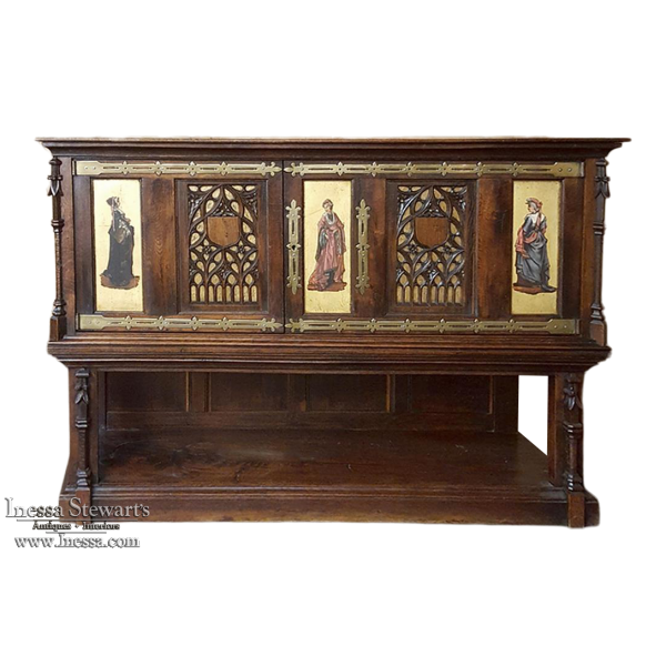19th Century Italian Gothic Walnut Buffet with Painted Panels