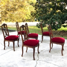Set of 6 Antique French Louis XV DIning Chairs with Burgundy Mohair
