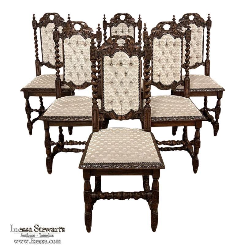 Set of 6 Antique French Renaissance Upholstered Dining Chairs with Barley Twist Motif