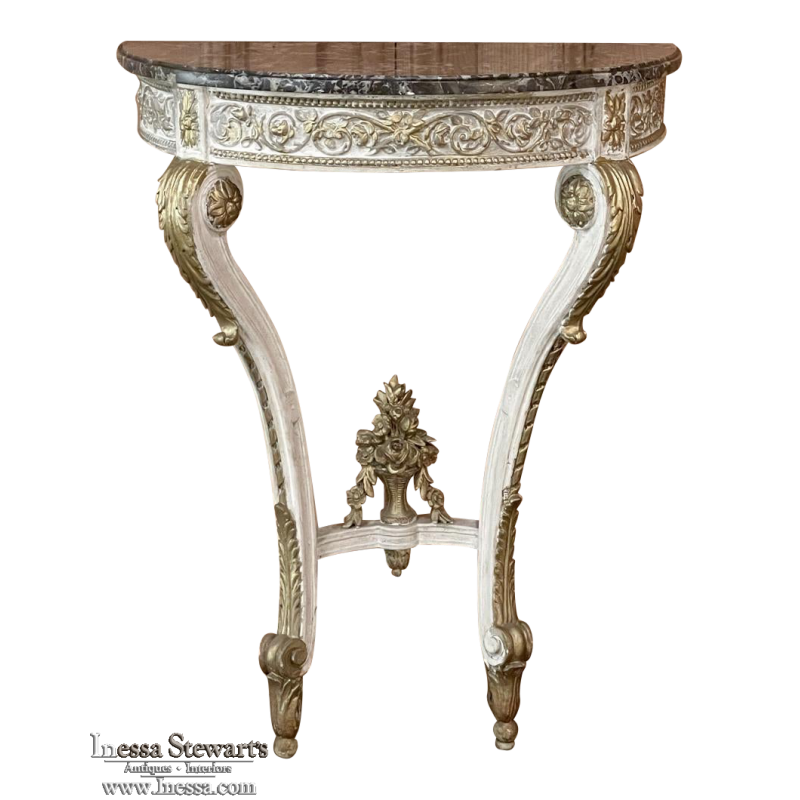 19th Century French Louis XVI Painted Marble Top Demilune Console