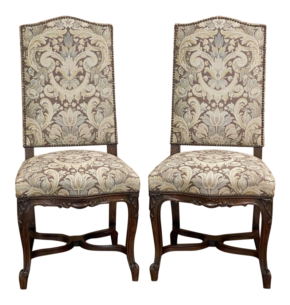 Pair Antique French Louis XV Side Chairs with Tapestry Upholstery