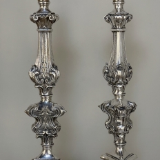 Pair 19th Century French Renaissance Silver Plated Bronze Candlestick Lamps