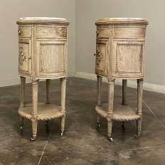 Pair 19th Century French Louis XVI Oval Marble Top Nightstands in Stripped Oak