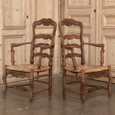Pair Antique Country French Rush Seat Armchairs