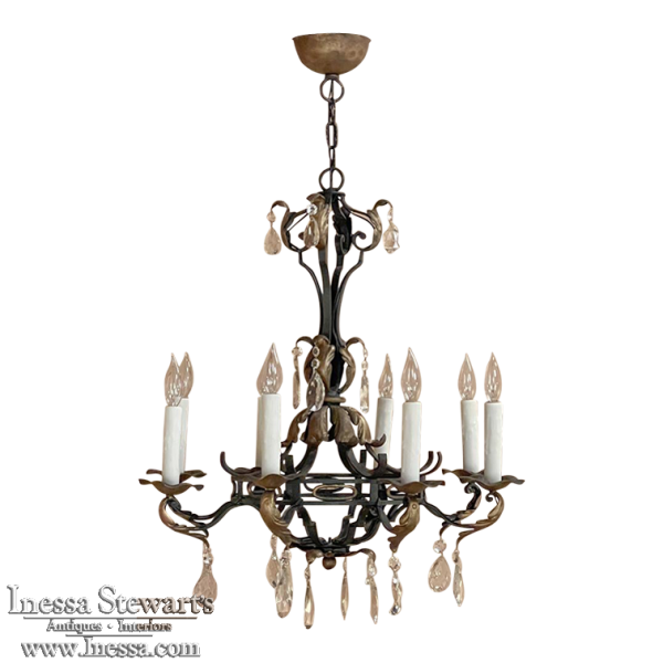 Antique Country French Wrought Iron and Crystal Chandelier