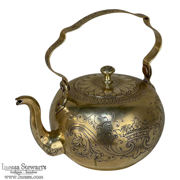 Antique Engraved Victorian Brass Hot Water Tea Kettle