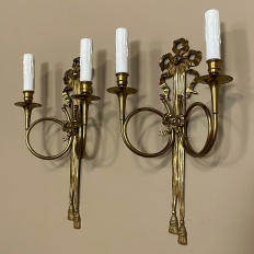 Pair Antique French Louis XVI Neoclassical Cast Brass Wall Sconces