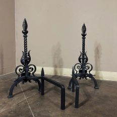 Pair 19th Century Country French Wrought Iron Andirons