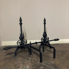 Pair 19th Century Country French Wrought Iron Andirons