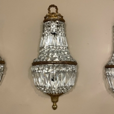 Set of Four Grand Antique Italian Louis XVI Neoclassical Brass & Crystal Wall Sconces