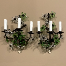 Pair Antique Italian Hand-Made Crystal & Brass Wall Sconces
