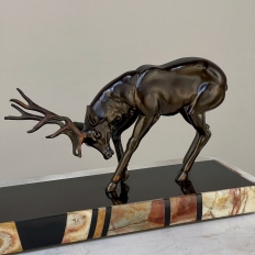 Pair Dueling Stags in Bronze on Marble Base from Art Deco Period
