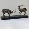 Pair Dueling Stags in Bronze on Marble Base from Art Deco Period