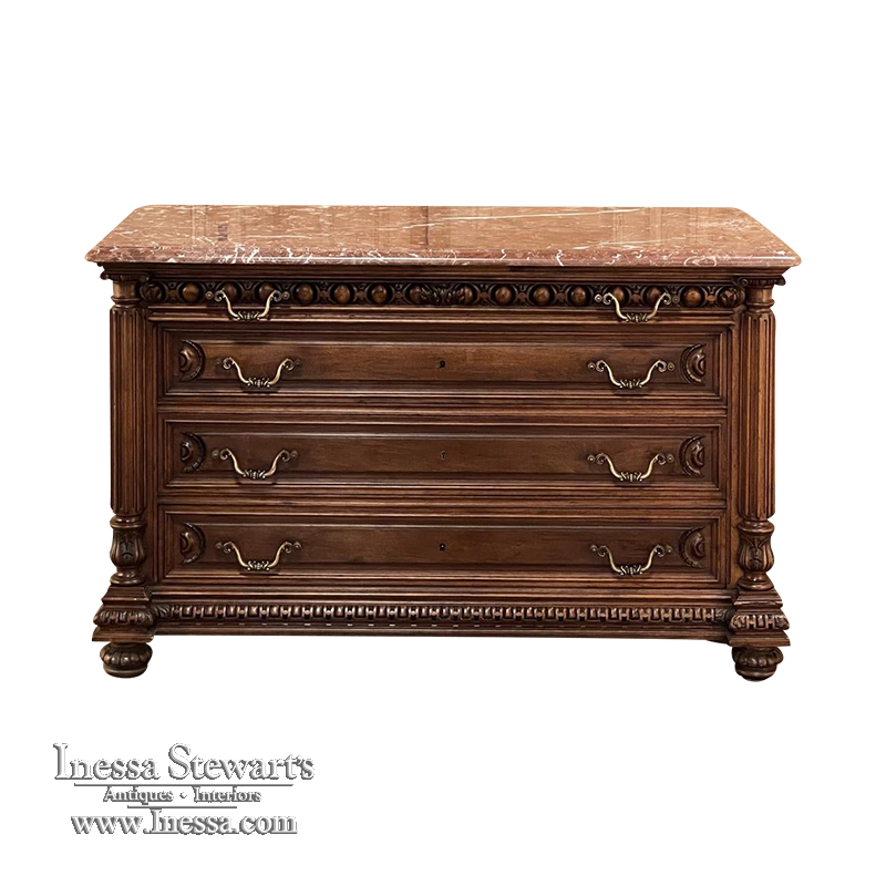 19th Century French Henri II Marble Top Walnut Commode
