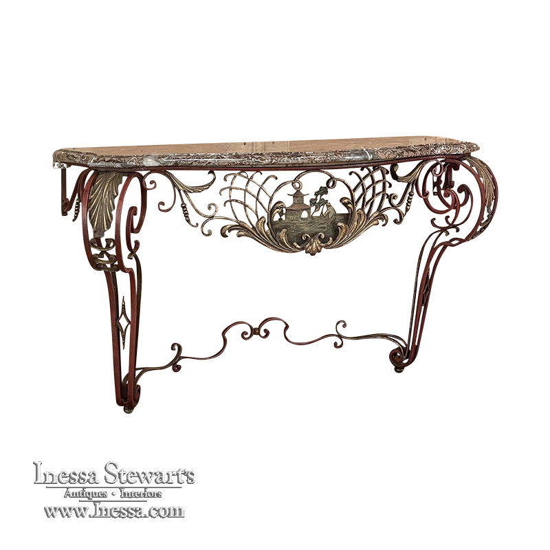 19th Century French Louis XIV Chinoiserie Wrought Iron & Marble Console