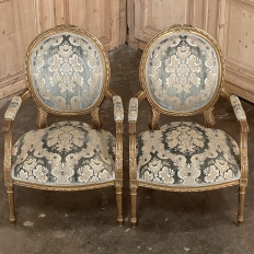 Pair 19th Century French Louis XVI Giltwood Armchairs ~ Fauteuils