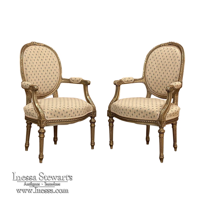 Pair 19th Century French Louis XVI Gilded Armchairs ~ Fauteuils