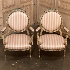 Pair 19th Century French Louis XVI Giltwood Armchairs with Silk