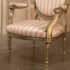 Pair 19th Century French Louis XVI Giltwood Armchairs with Silk