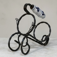 Vintage Wrought Iron Wine Cradle with Blue & White Porcelain Handle
