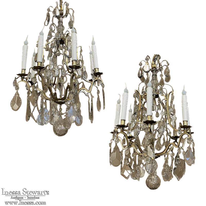 Pair Antique French Brass & Cut Crystal Chandeliers