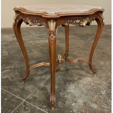 19th Century French Louis XV Carved Walnut Marble Top End Table