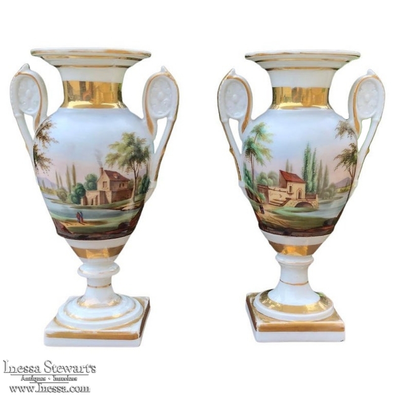 PAIR Early 19th Century French Vieux Paris Hand-Painted Porcelain Vases