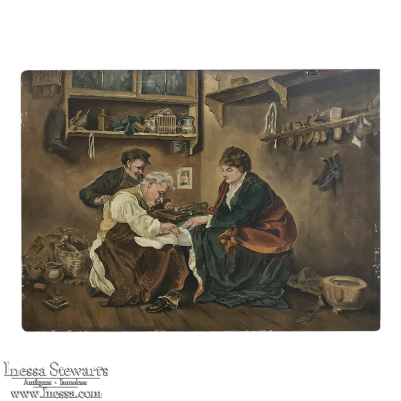Antique Oil Painting On Board of Shoemaker at Work