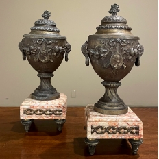 Pair 19th Century French Louis XVI Spelter & Marble Mantel Urns