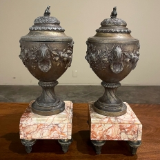 Pair 19th Century French Louis XVI Spelter & Marble Mantel Urns