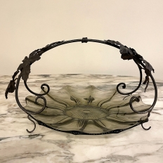 French Art Deco Period Cut Glass Dessert Dish with Wrought Iron Handle