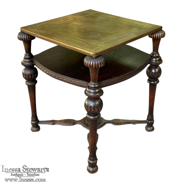 Antique English Walnut End Table with Brass Top