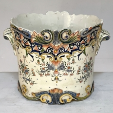 Antique Hand-Painted French Faience Jardiniere from Rouen
