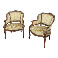 Pair 19th Century French Louis XV Walnut Armchairs ~ Bergeres