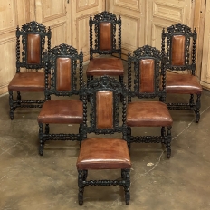 Set of Six 19th Century French Renaissance Dining Chairs with Leather