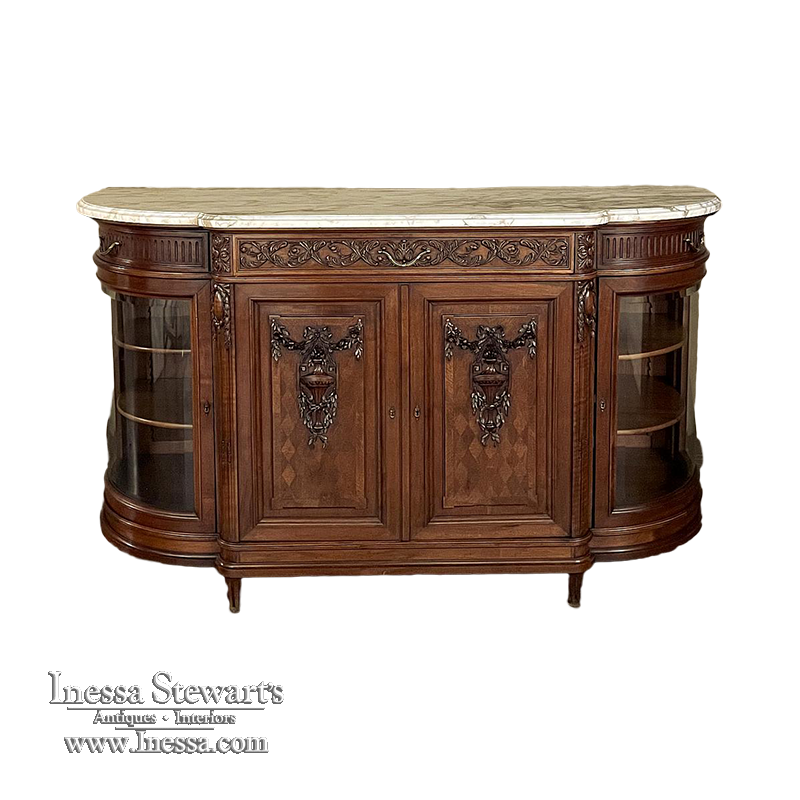 19th Century Louis XVI Style Walnut Display Buffet with Arabescato Marble Top by Edouard Kint of Gent