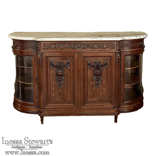 19th Century Louis XVI Style Walnut Display Buffet with Arabescato Marble Top by Edouard Kint of Gent