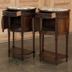 Pair 19th Century French Louis XVI Walnut Demilune Marble Top Nightstands