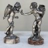 Pair Antique Nickel-Plated Spelter Cherub Statues on Marble Bases