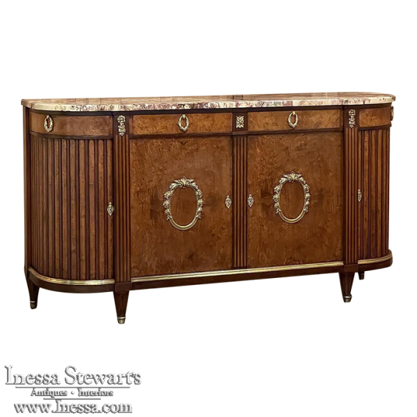 Antique French Louis XVI Marble Top Buffet with Burl Mahogany and Bronze Mounts