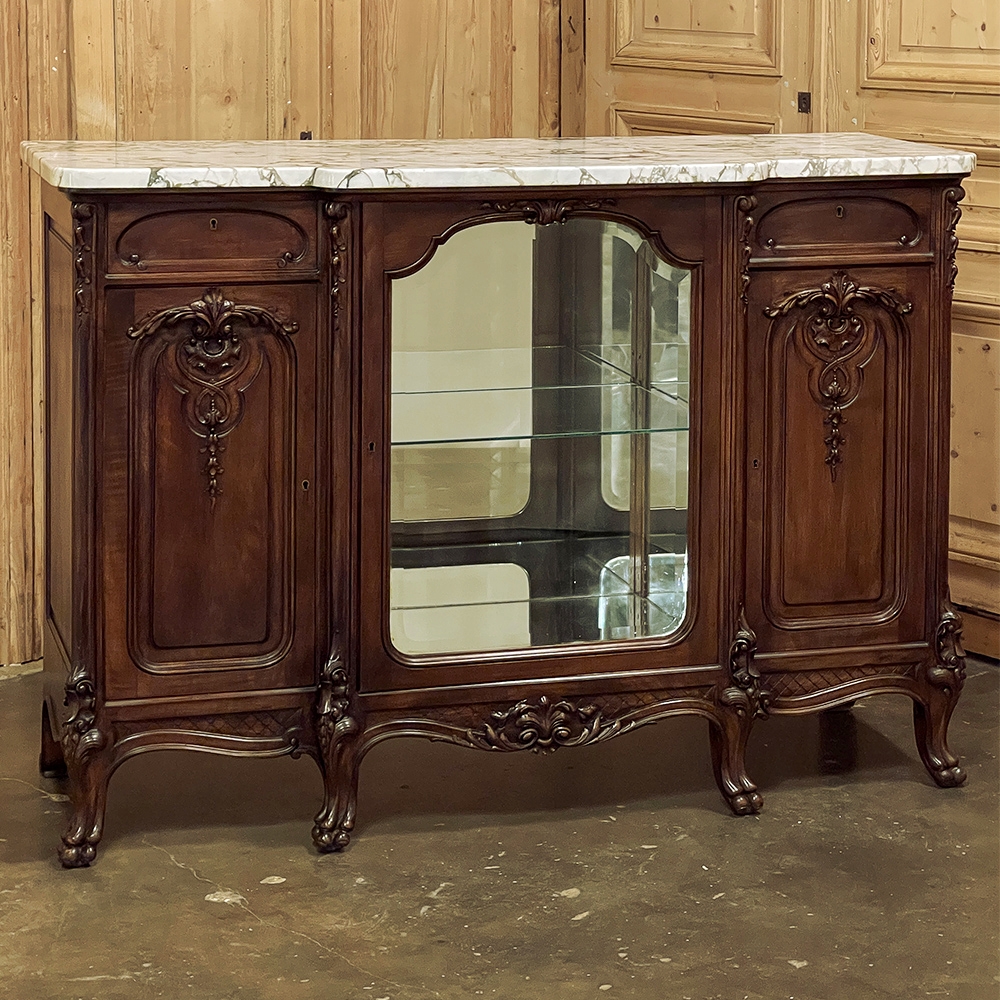Antique French Carved Walnut & Marble Louis XV Buffet / Vitrine