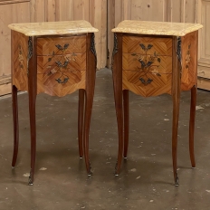 Pair Antique French Louis XV Marquetry Marble Top Nightstands