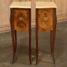 Pair Antique French Louis XV Marquetry Marble Top Nightstands