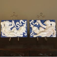 Pair Antique Italian Della Robbia Style Glazed Terracotta Plaques with Cherubs